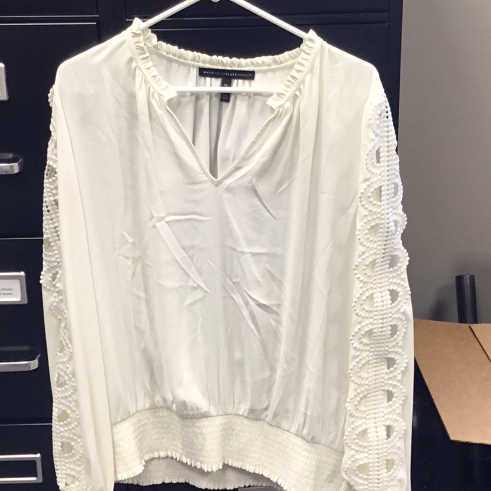 Elegant White Blouse with Crochet Sleeves